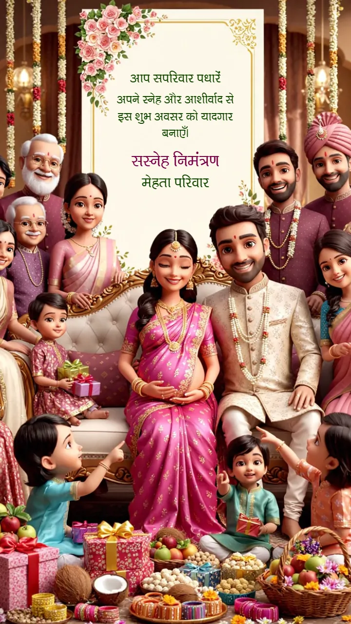 Godh Bharai Invitation Video in Hindi with Floral Theme
